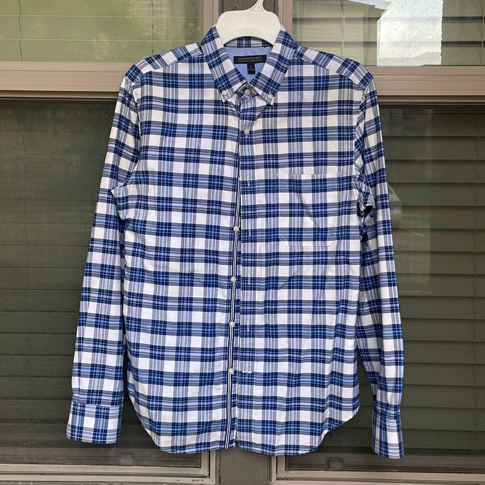 Banana Republic dress shirt SMALL Oxford tailored slim fit blue plaid